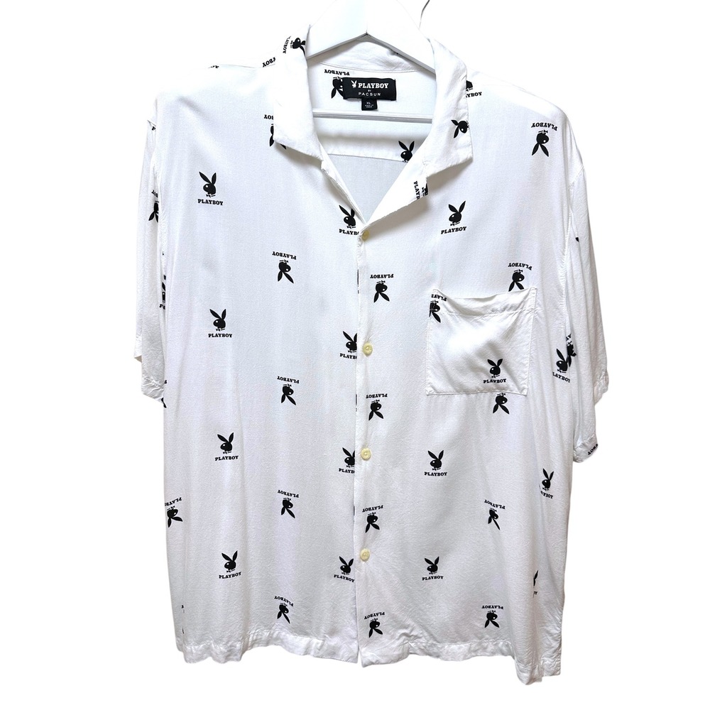 Playboy by PacSun Mens XL White Black Bunny Print Short Sleeve Button Down EUC
